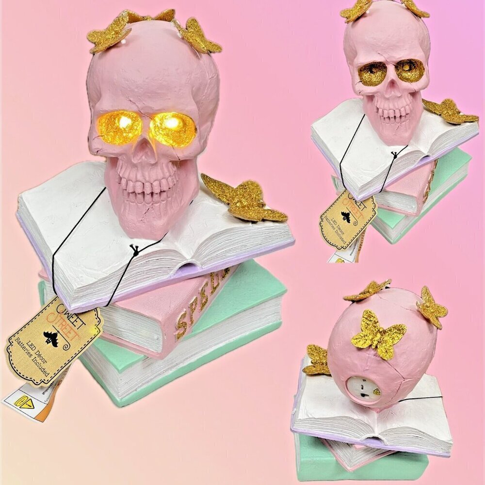 Sweet Street Pink Skull Gold Glitter Butterflies on Spell Books Led Light Statue